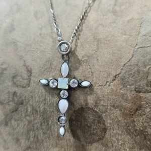 Sorelli Cross Necklace Dainty Mother Of Pearl Aurora Crystals Lovely! EUC